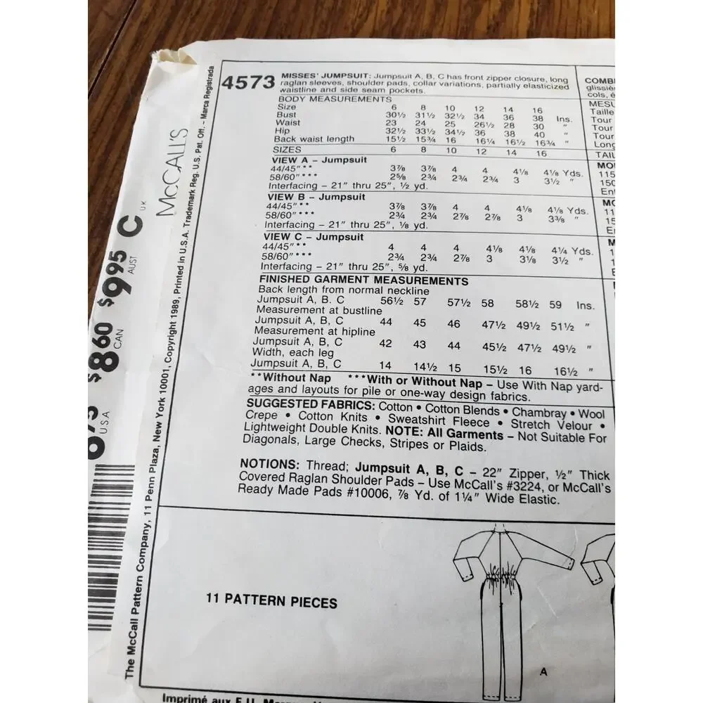 Easy McCall’s Sewing Pattern 4573 Misses Size 12 Jumpsuit Vintage